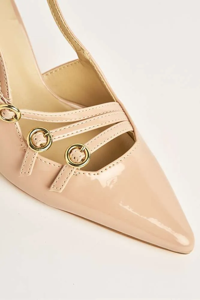 Sonora 3 Buckle Detail Slingback Heeled Court Shoes in Nude