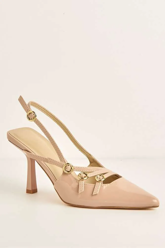 Sonora 3 Buckle Detail Slingback Heeled Court Shoes in Nude