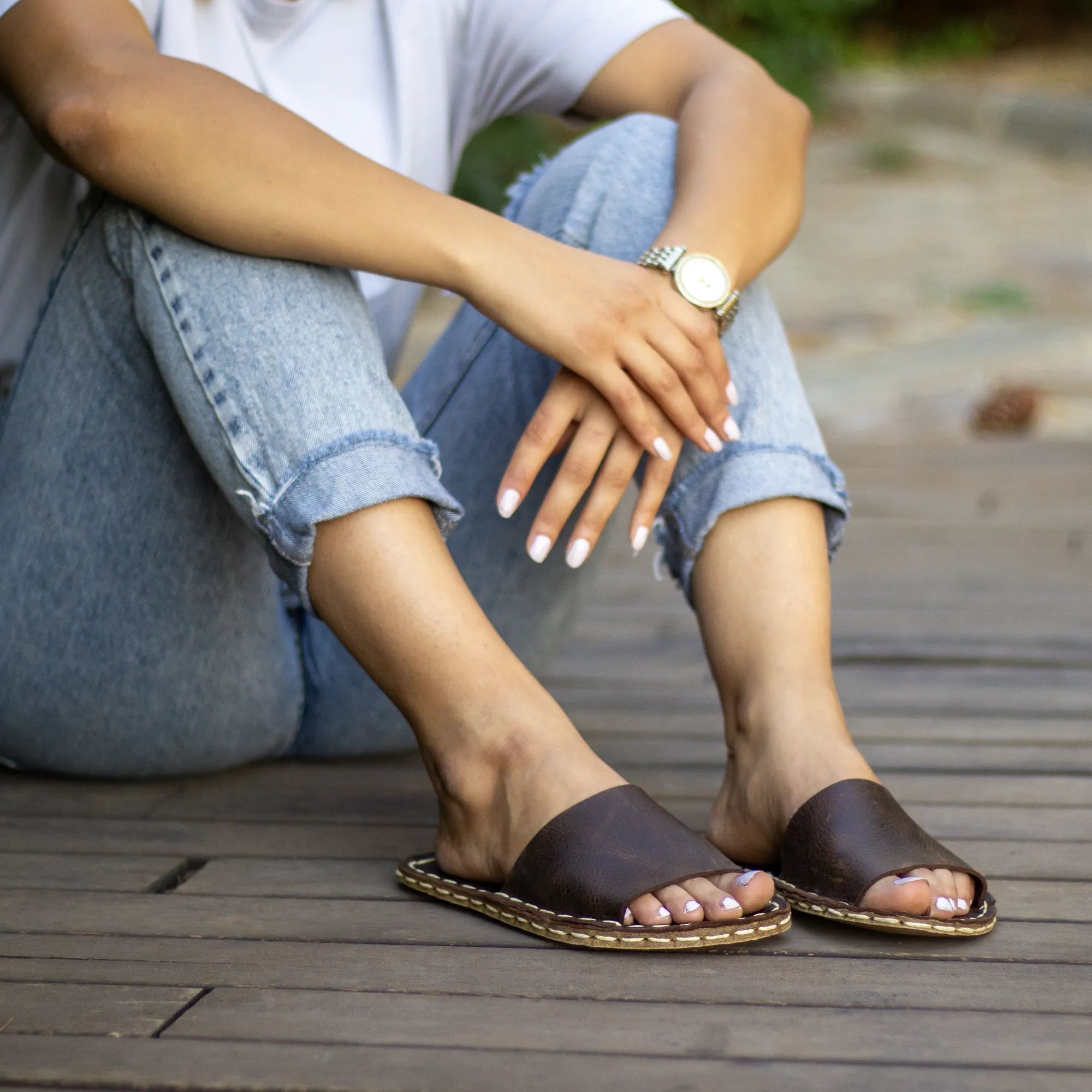 Tape Handmade Brown Leather Slippers for Women