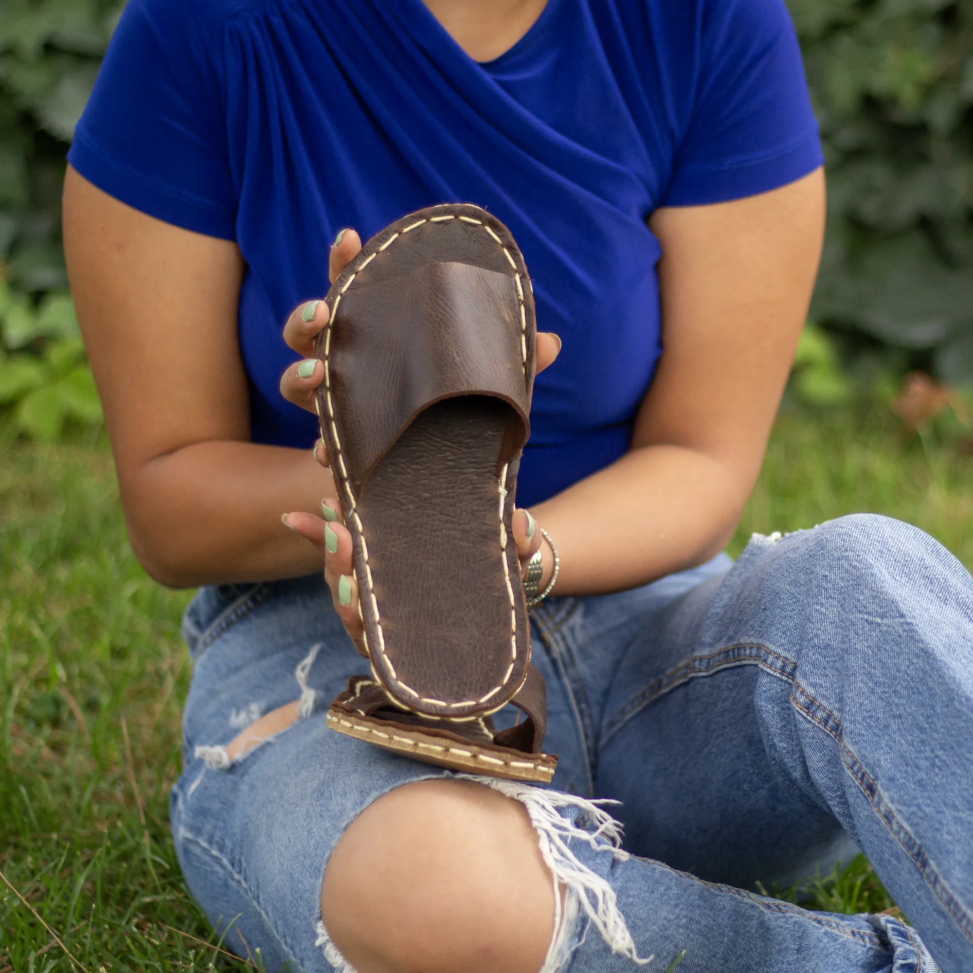 Tape Handmade Brown Leather Slippers for Women