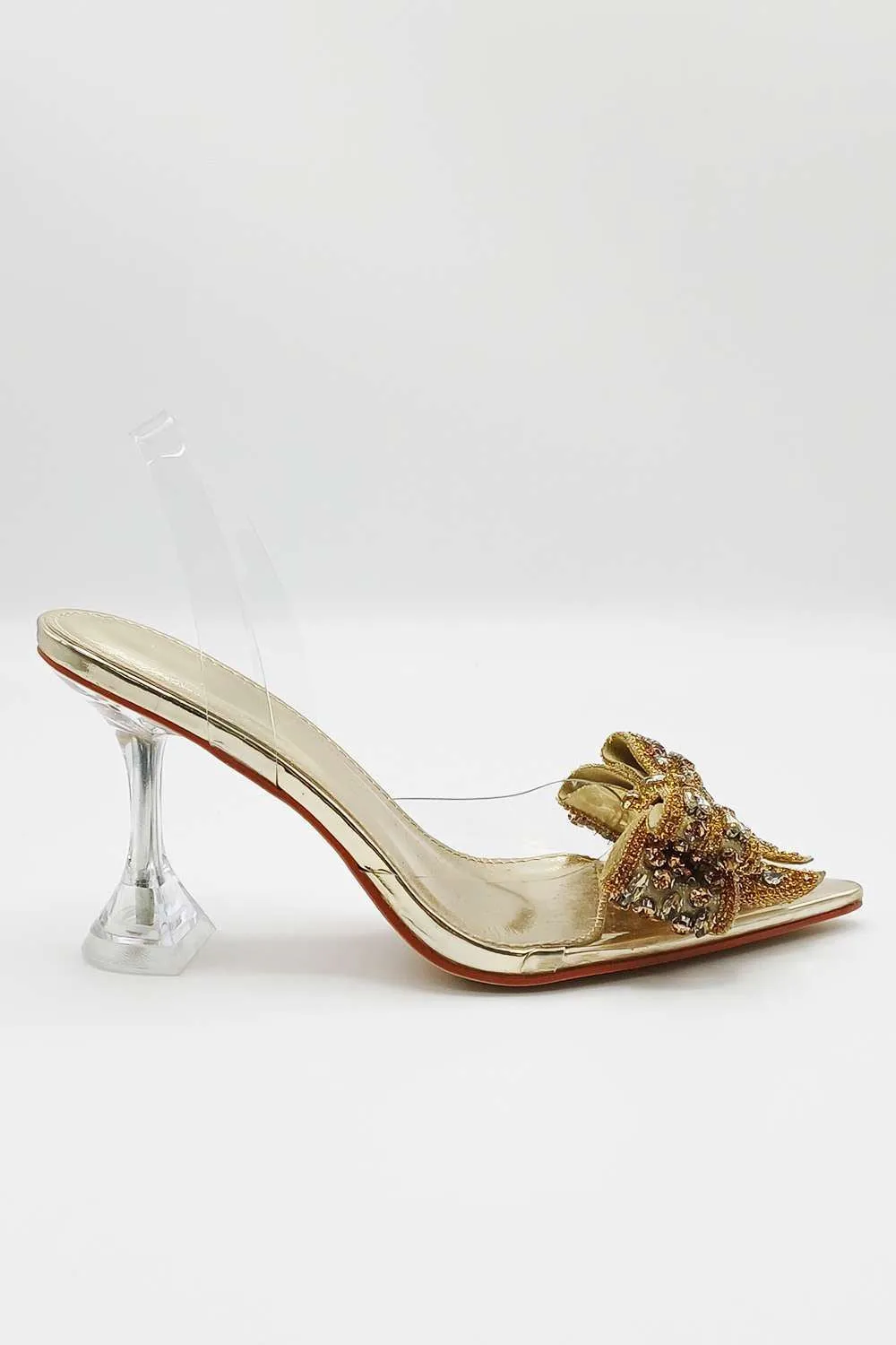 Tatiana Diamante Embellished Bow Detail Slingback Court Shoes in Gold