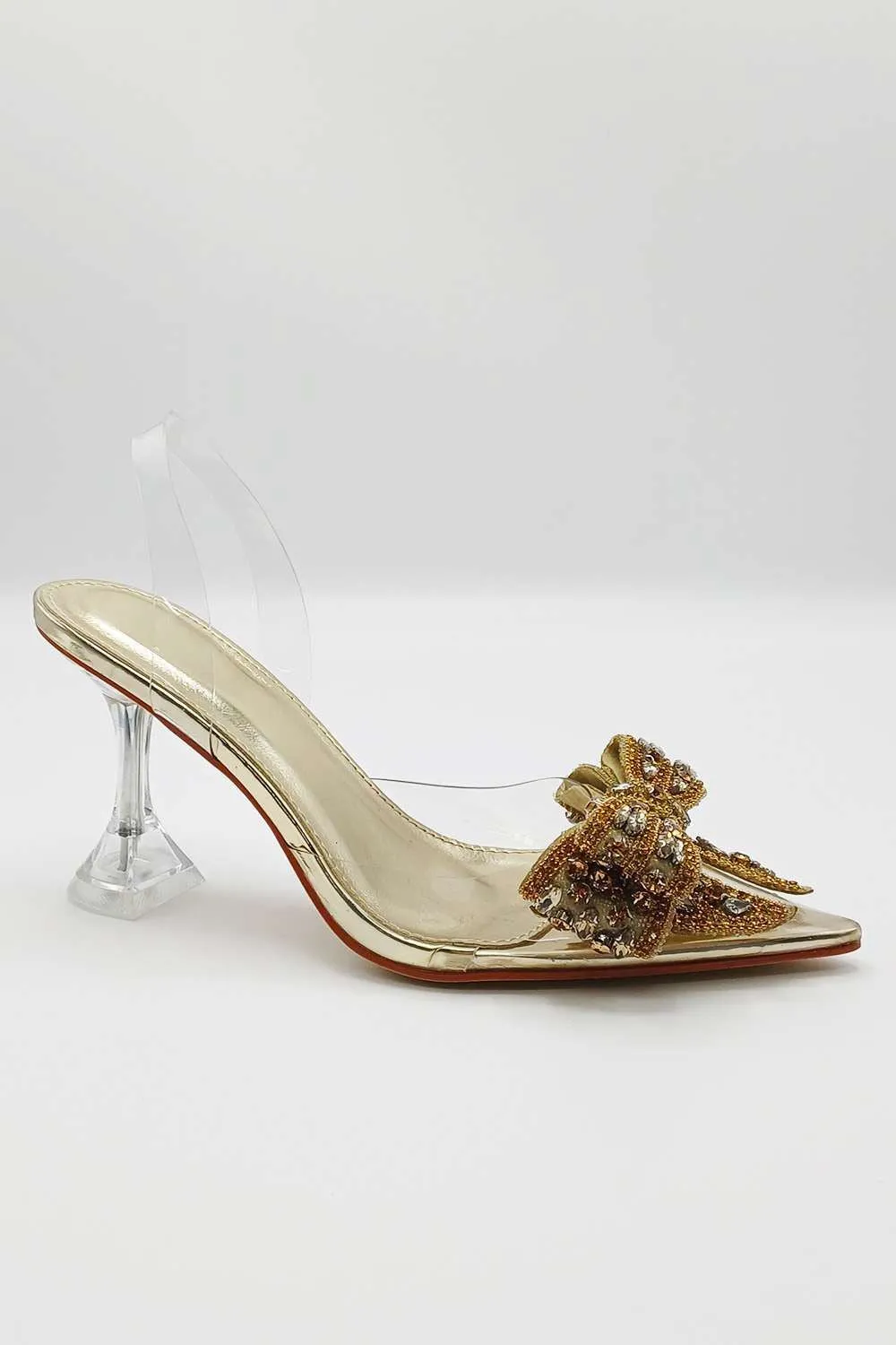 Tatiana Diamante Embellished Bow Detail Slingback Court Shoes in Gold