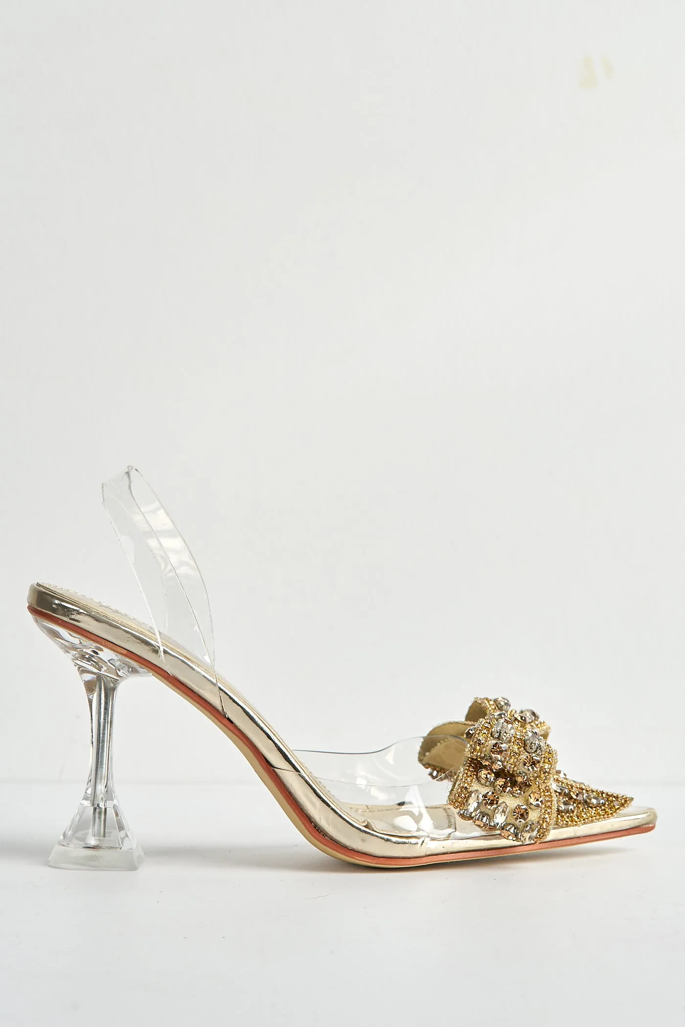 Tatiana Diamante Embellished Bow Detail Slingback Court Shoes in Gold