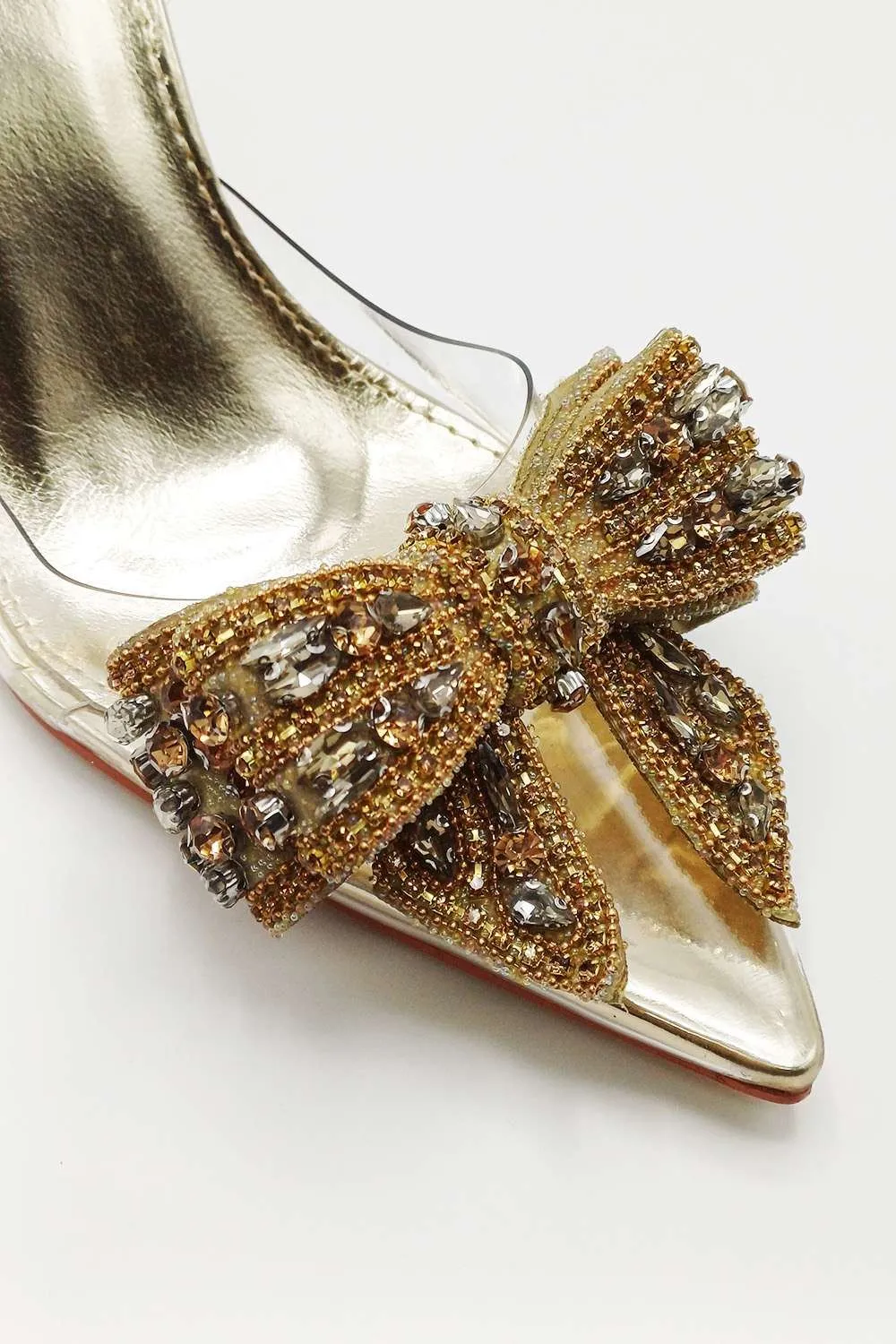 Tatiana Diamante Embellished Bow Detail Slingback Court Shoes in Gold