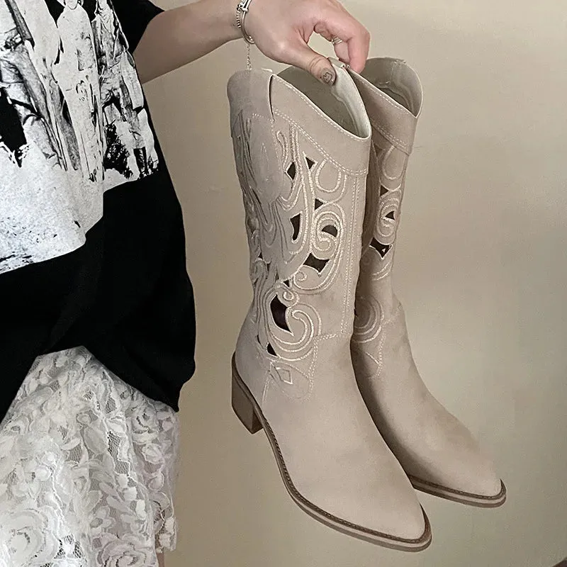 TAVIMART  -  Women Cowboy Boots Fashion Square Thick Heel Ladies Elegant Slip On Long Booties Spring Autumn Breathe Women's Footwear