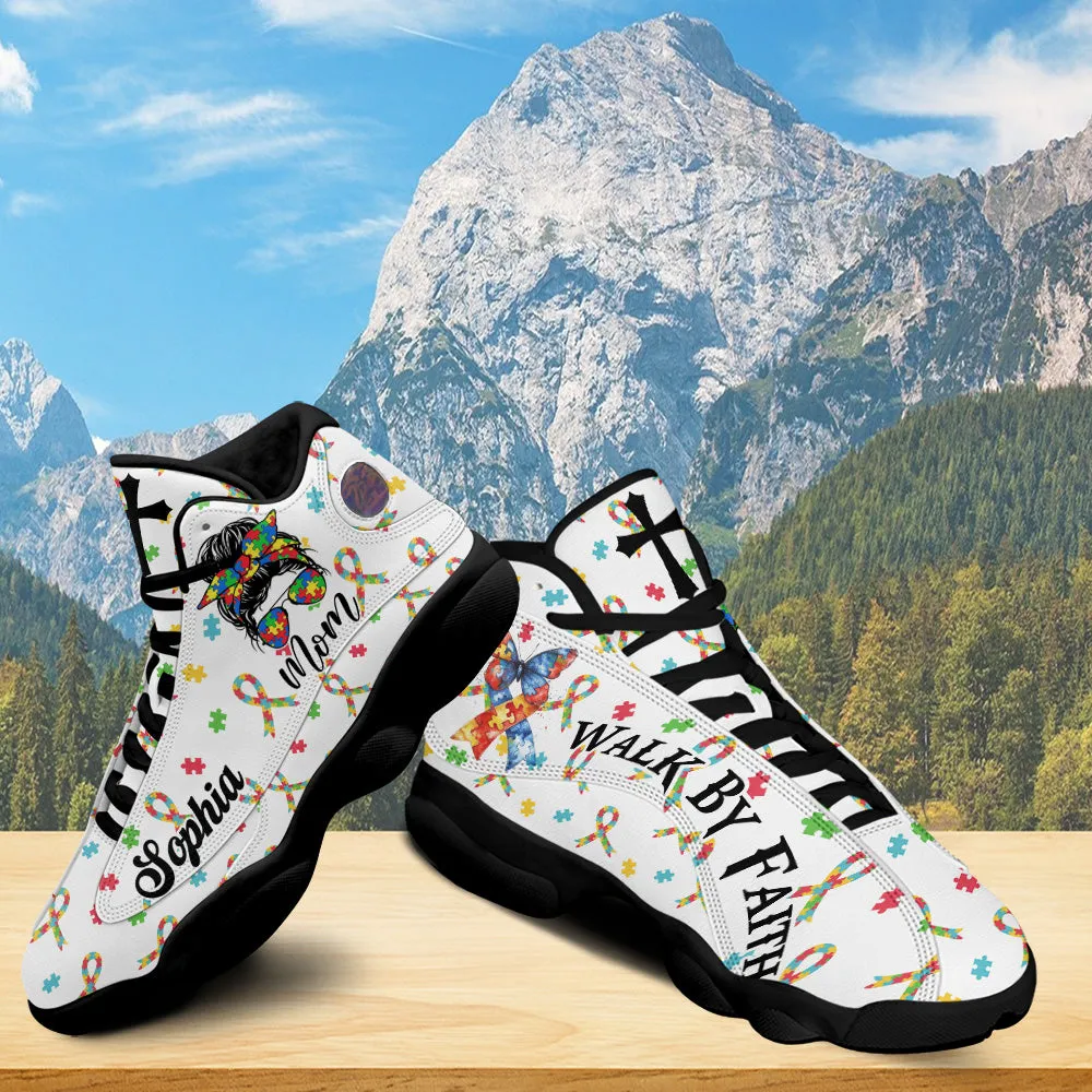 Teesdily | Customized Autism Mom Awareness Basketball Shoes, Christian Cross Butterfly Ribbon Mom Running Shoes, Mother Day Gift