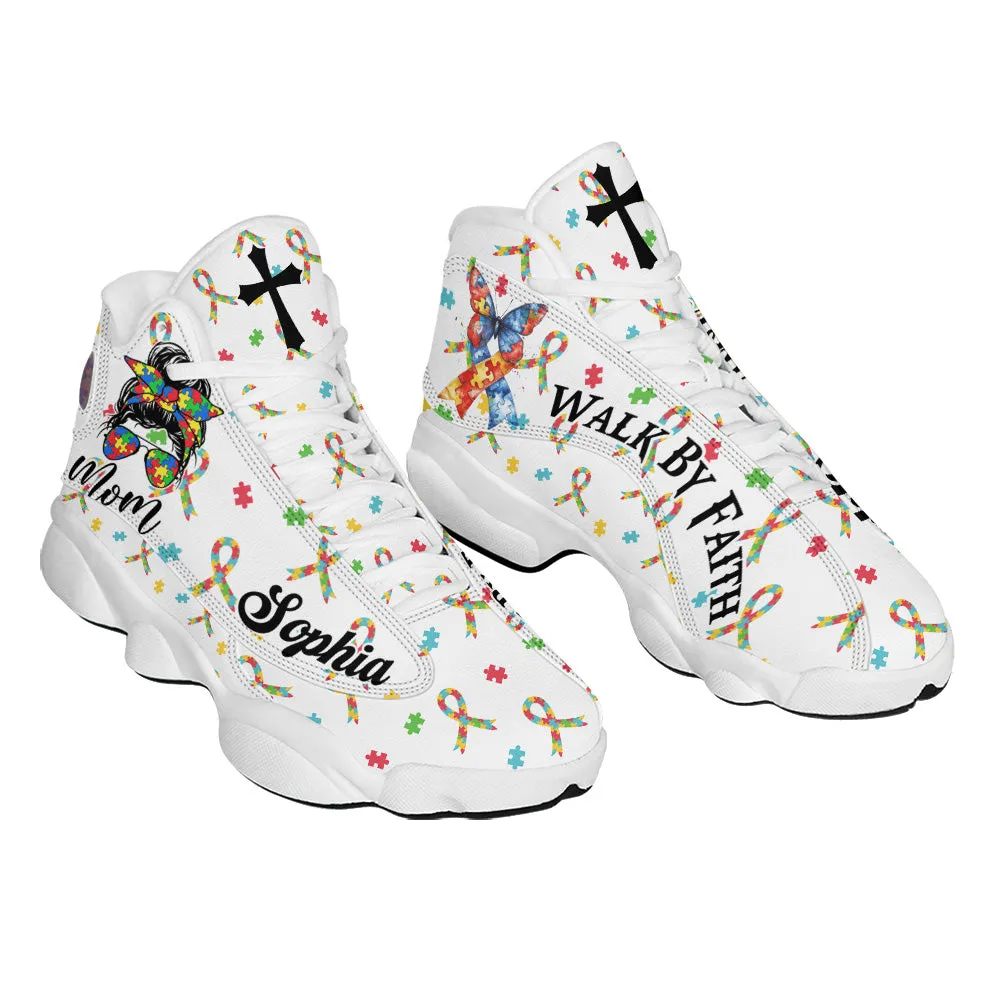 Teesdily | Customized Autism Mom Awareness Basketball Shoes, Christian Cross Butterfly Ribbon Mom Running Shoes, Mother Day Gift