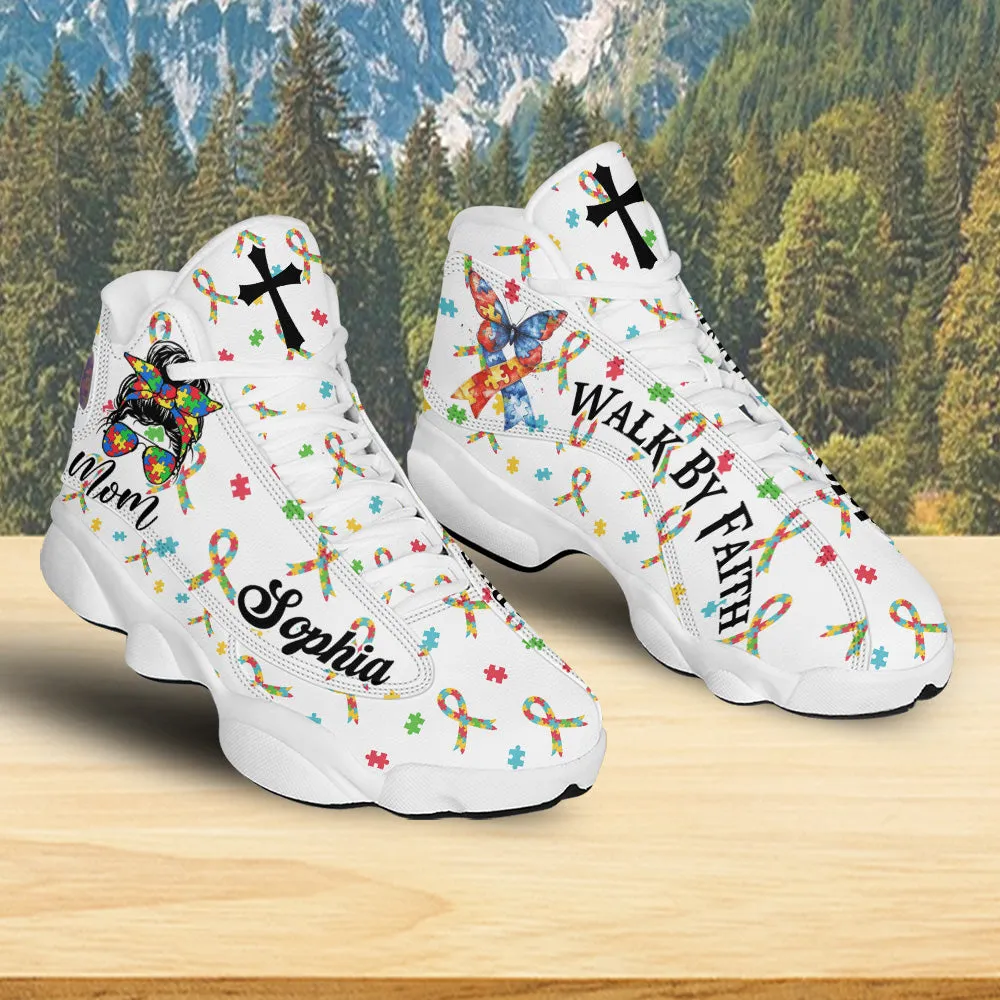 Teesdily | Customized Autism Mom Awareness Basketball Shoes, Christian Cross Butterfly Ribbon Mom Running Shoes, Mother Day Gift