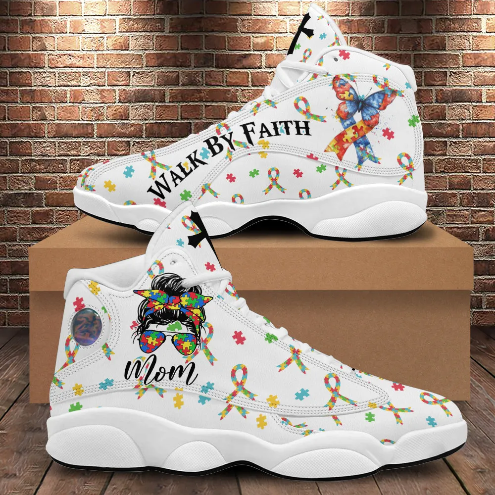 Teesdily | Customized Autism Mom Awareness Basketball Shoes, Christian Cross Butterfly Ribbon Mom Running Shoes, Mother Day Gift