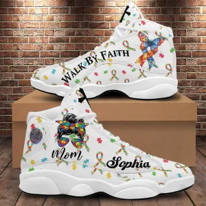 Teesdily | Customized Autism Mom Awareness Basketball Shoes, Christian Cross Butterfly Ribbon Mom Running Shoes, Mother Day Gift