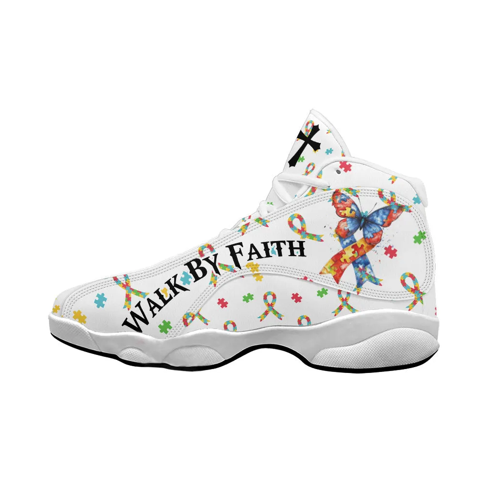 Teesdily | Customized Autism Mom Awareness Basketball Shoes, Christian Cross Butterfly Ribbon Mom Running Shoes, Mother Day Gift