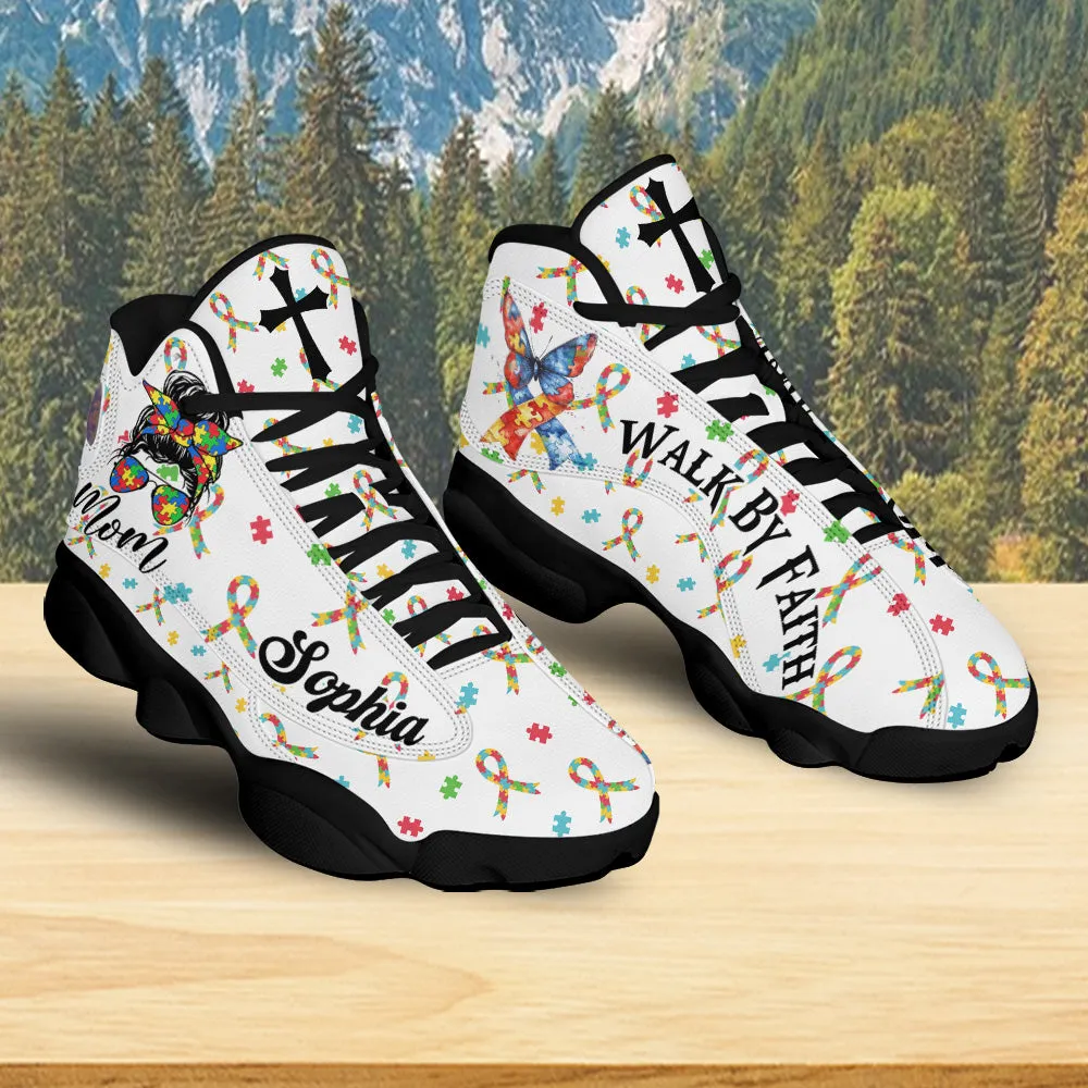 Teesdily | Customized Autism Mom Awareness Basketball Shoes, Christian Cross Butterfly Ribbon Mom Running Shoes, Mother Day Gift