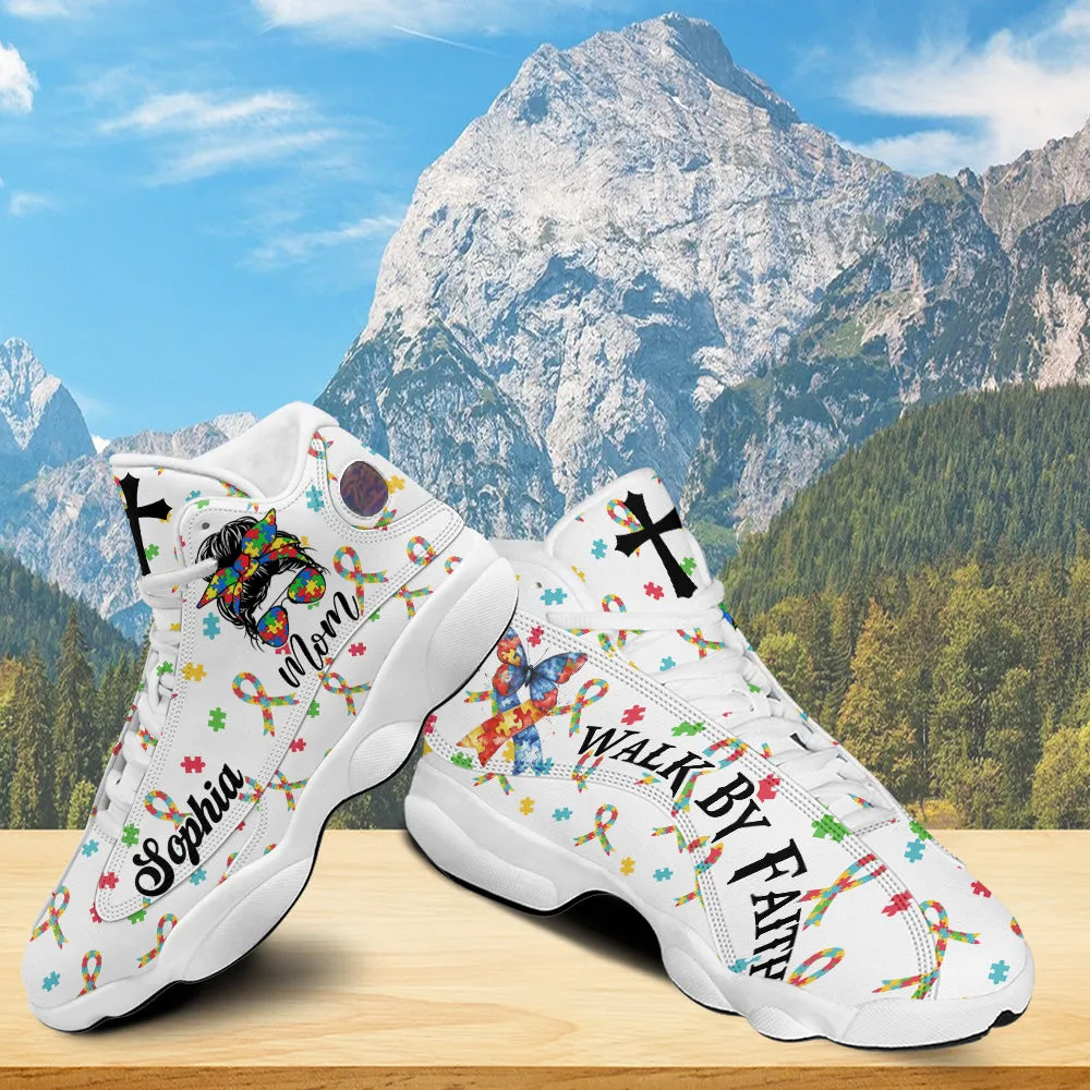 Teesdily | Customized Autism Mom Awareness Basketball Shoes, Christian Cross Butterfly Ribbon Mom Running Shoes, Mother Day Gift