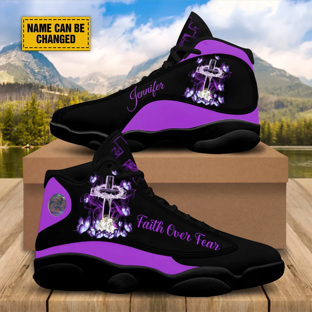 Teesdily | Customized Purple Jesus Cross Butterfly Basketball Shoes, Faith Over Fear Christian Running Shoes Christmas Gift