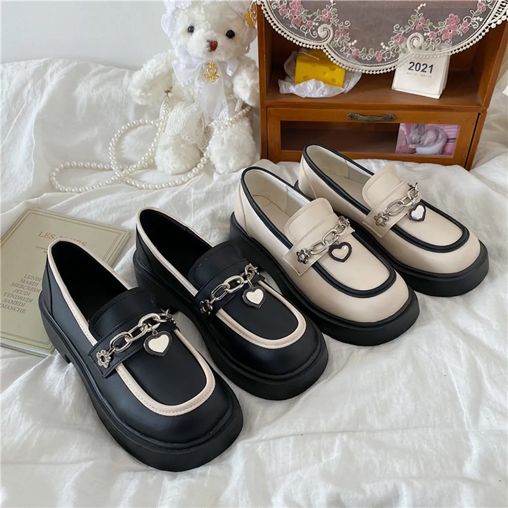 Toleet 2023 Lolita Shoes NEW Chain Heart Loafers Women Platform Shoes Cute Japanese JK Uniform Leather Shoes Students Mary Janes Shoes