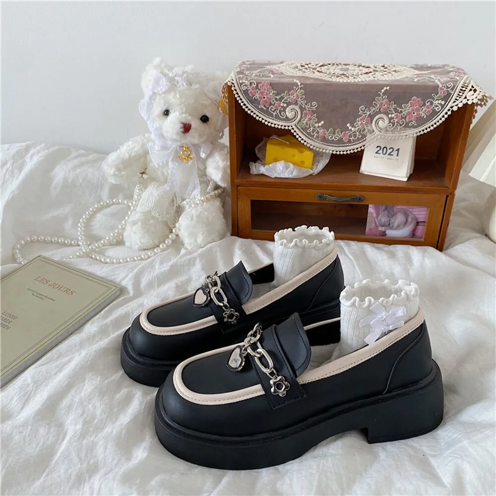 Toleet 2023 Lolita Shoes NEW Chain Heart Loafers Women Platform Shoes Cute Japanese JK Uniform Leather Shoes Students Mary Janes Shoes