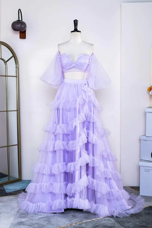 Two Piece Lavender Off the Shoulder Ruffles Prom Dress with Slit PSK469