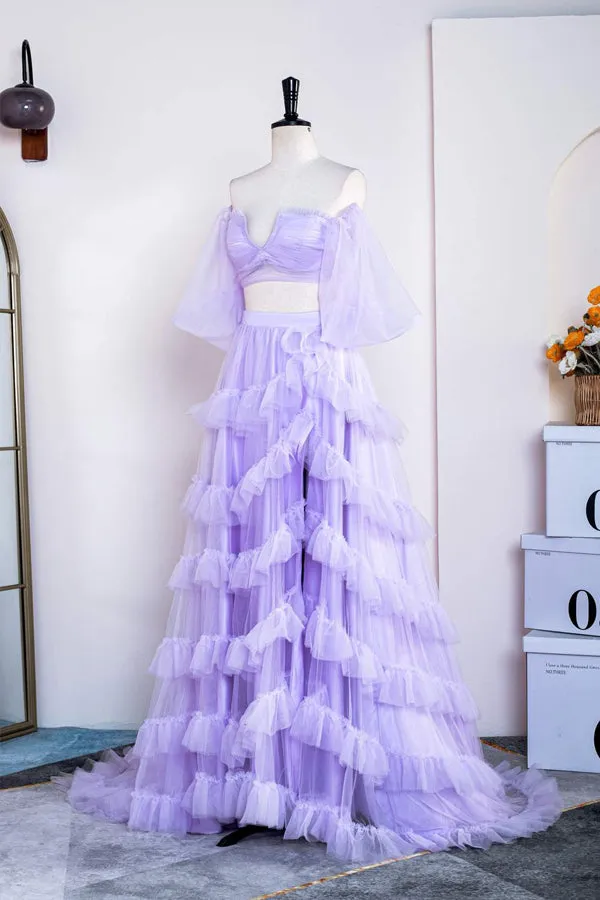 Two Piece Lavender Off the Shoulder Ruffles Prom Dress with Slit PSK469