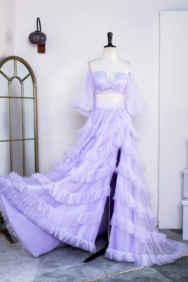 Two Piece Lavender Off the Shoulder Ruffles Prom Dress with Slit PSK469