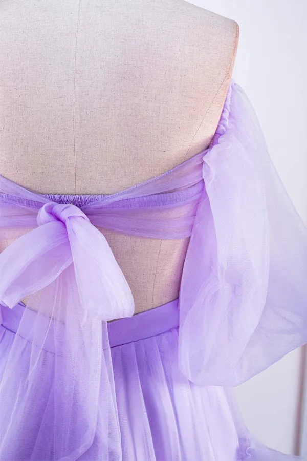 Two Piece Lavender Off the Shoulder Ruffles Prom Dress with Slit PSK469