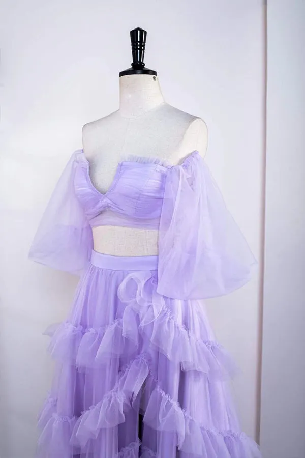 Two Piece Lavender Off the Shoulder Ruffles Prom Dress with Slit PSK469