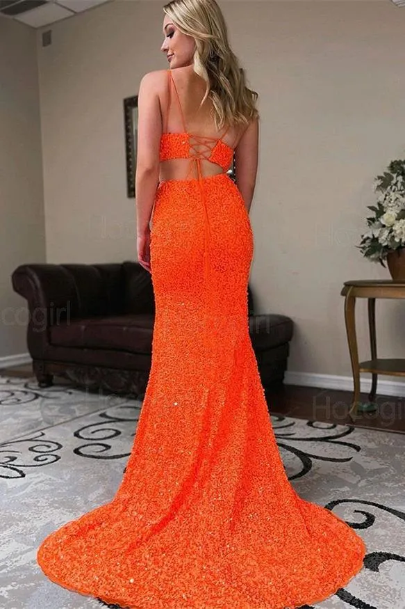 Two Piece Mermaid Orange Sequins Long Prom Formal Dress  PSK316