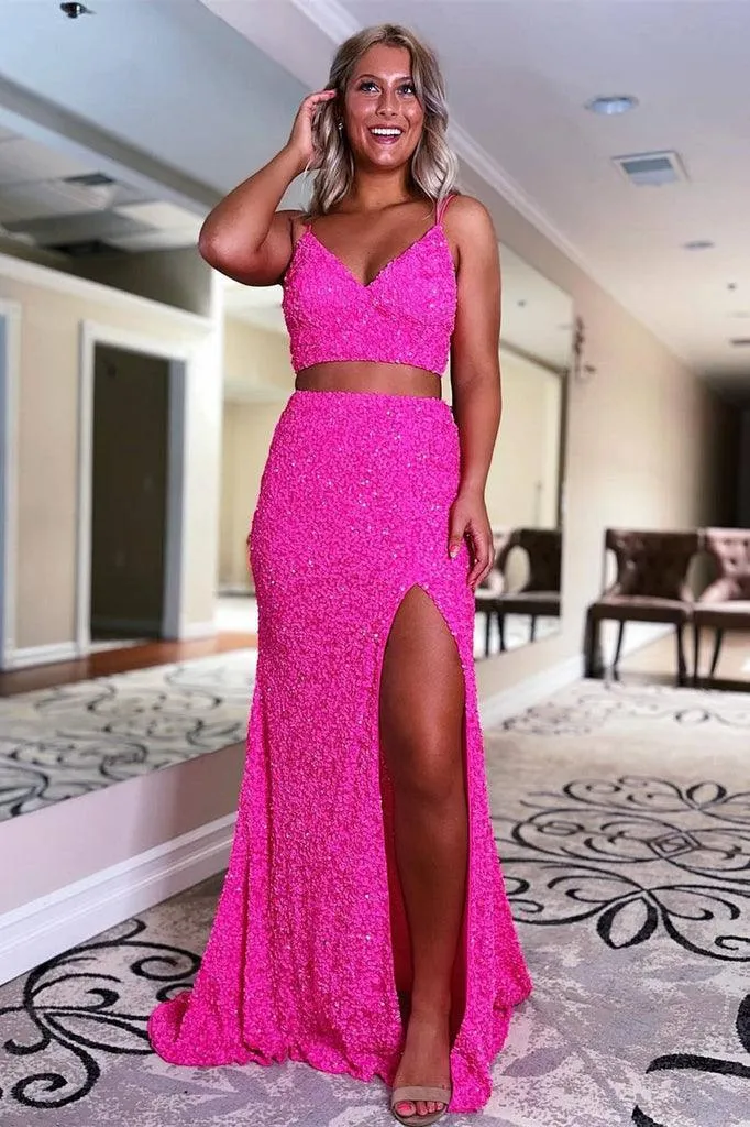 Two Piece Mermaid Orange Sequins Long Prom Formal Dress  PSK316