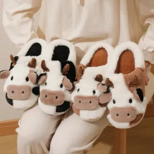 Uniwim 2024 Winter Warm Milk Cow Women Slippers Men Cute Soft Plush Sandals Adults Lovely Non-slip Flip Flops Couples Home Flat Slides