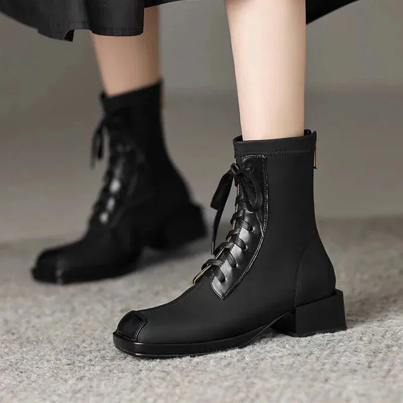 Uniwim Ankle Boots Women Chunky Leather Shoes Winter Fashion Shoes Woman 2024 Trend Goth Luxury Pumps Lace-up Brand Chelsea Botas Mujer