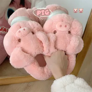 Uniwim Feerldi Pink fluffy pig slippers women slip on animal slides indoor house furry cotton shoes warm 2024 new girls piggy shoes