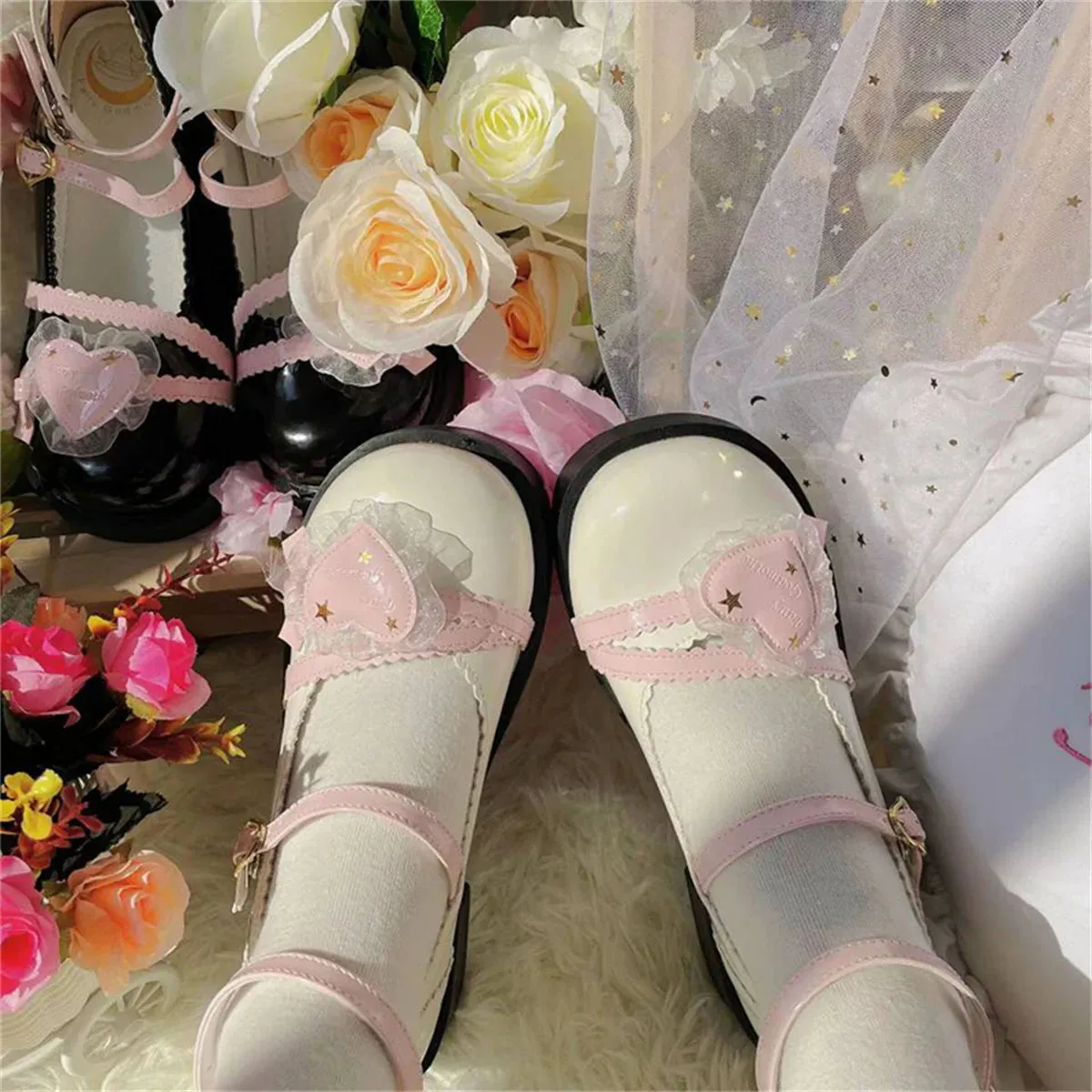 Uniwim Japanese Sweet College Style Cosplay Lolita Girls Shoes Cute Loli Lace Star Ruffle Letter Love Buckle 5cm Thick Bottom PU Shoes