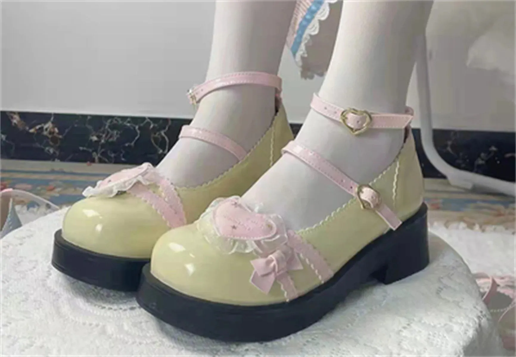 Uniwim Japanese Sweet College Style Cosplay Lolita Girls Shoes Cute Loli Lace Star Ruffle Letter Love Buckle 5cm Thick Bottom PU Shoes