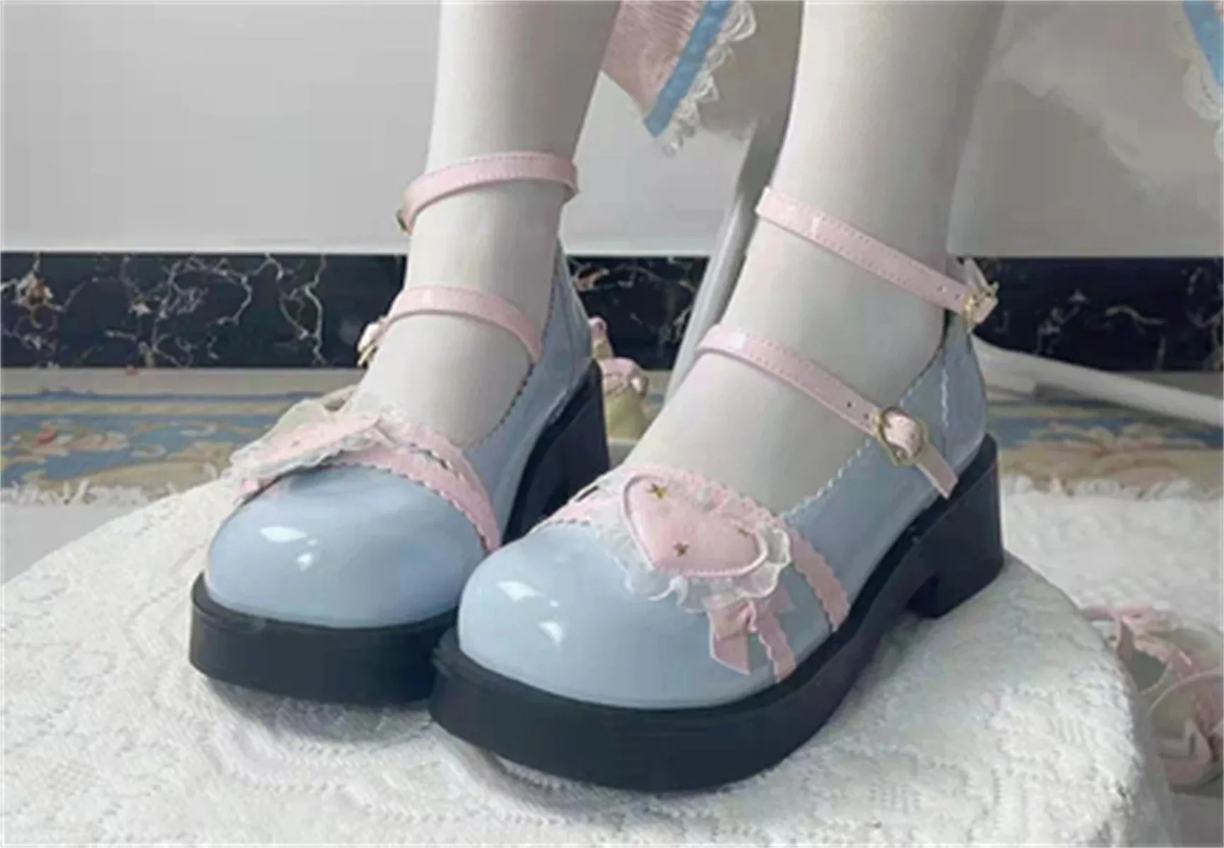 Uniwim Japanese Sweet College Style Cosplay Lolita Girls Shoes Cute Loli Lace Star Ruffle Letter Love Buckle 5cm Thick Bottom PU Shoes