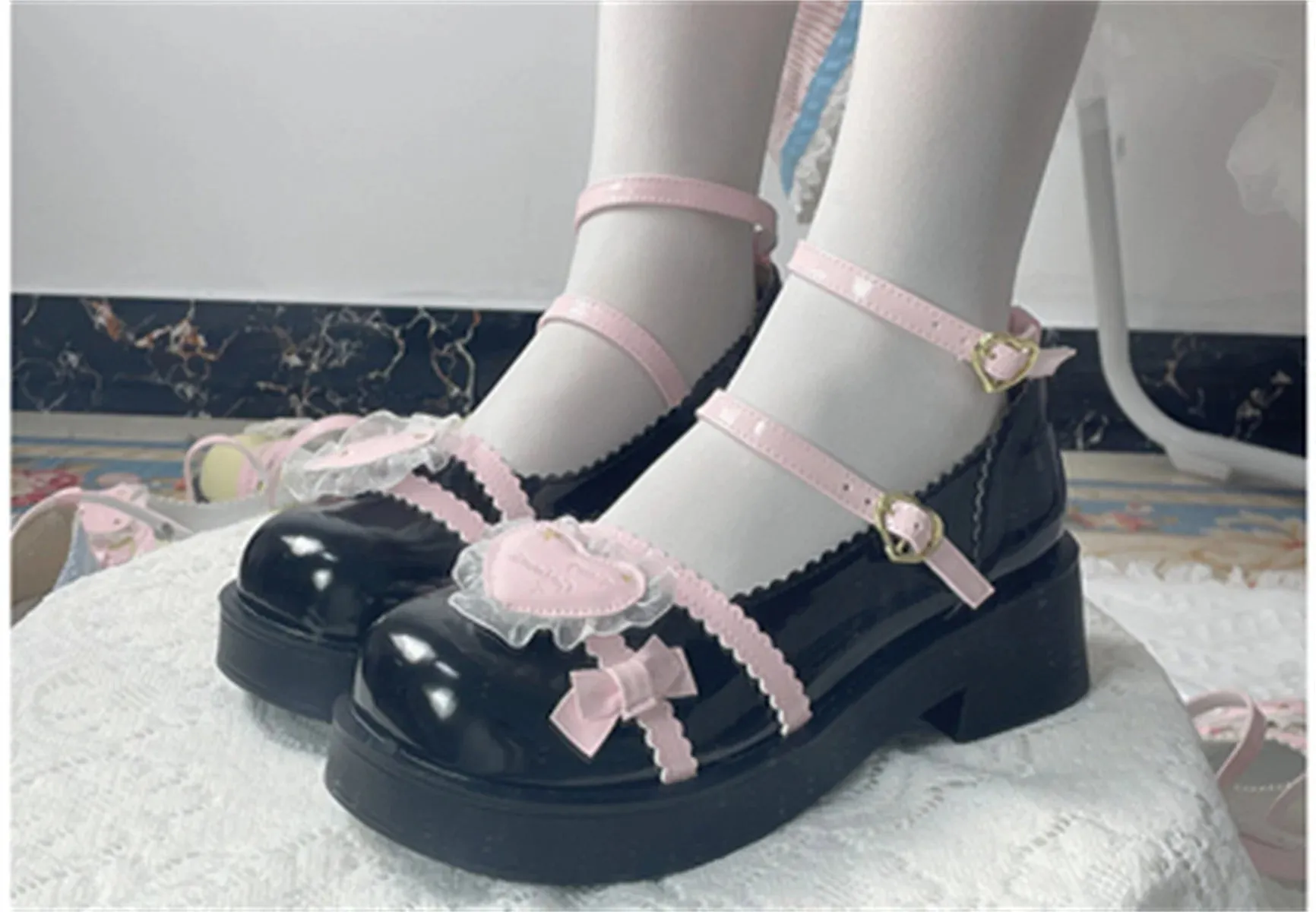 Uniwim Japanese Sweet College Style Cosplay Lolita Girls Shoes Cute Loli Lace Star Ruffle Letter Love Buckle 5cm Thick Bottom PU Shoes