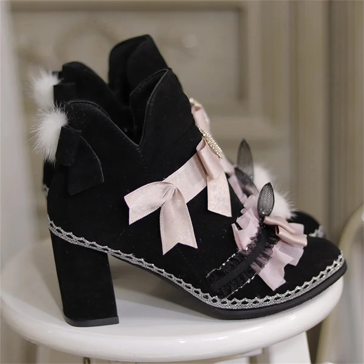 Uniwim Japanese Sweet Style Lolita Girls Shoes Cosplay Cute Bowknot Pearls Love Ruffle Kawaii Hairball Rabbit Ear 8cm High Heel Shoes