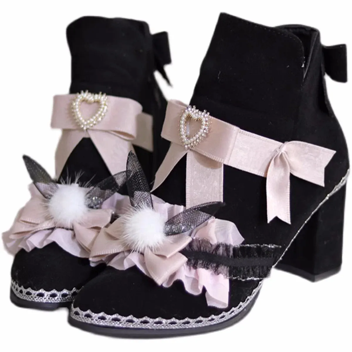 Uniwim Japanese Sweet Style Lolita Girls Shoes Cosplay Cute Bowknot Pearls Love Ruffle Kawaii Hairball Rabbit Ear 8cm High Heel Shoes