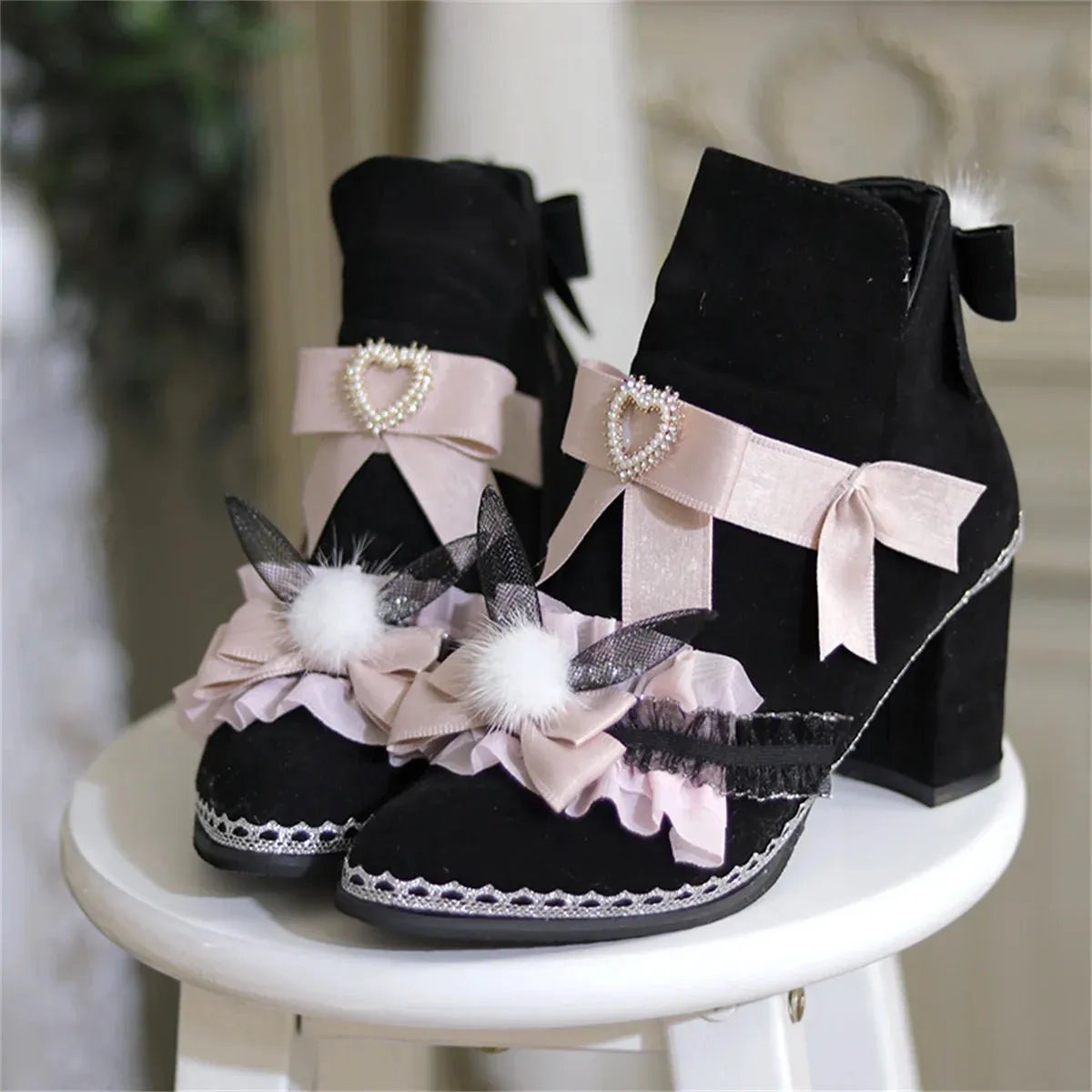 Uniwim Japanese Sweet Style Lolita Girls Shoes Cosplay Cute Bowknot Pearls Love Ruffle Kawaii Hairball Rabbit Ear 8cm High Heel Shoes