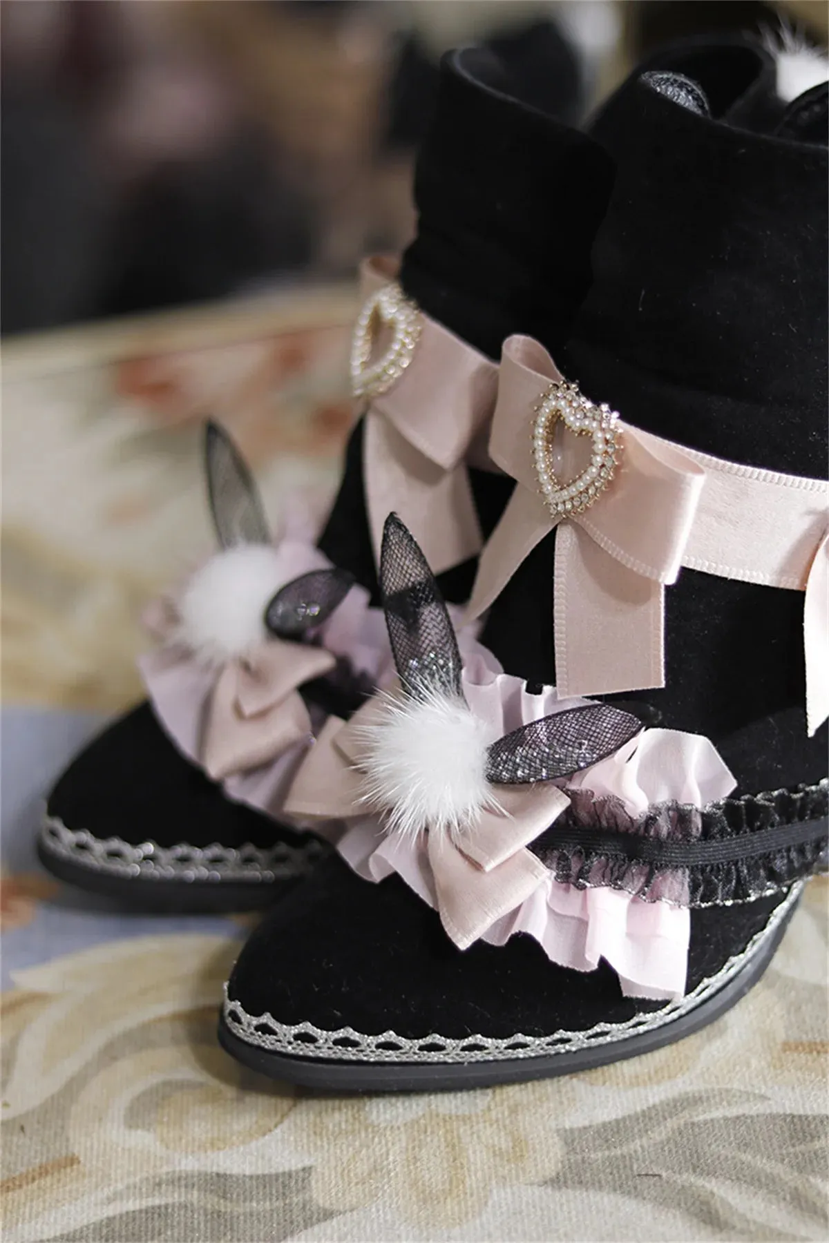 Uniwim Japanese Sweet Style Lolita Girls Shoes Cosplay Cute Bowknot Pearls Love Ruffle Kawaii Hairball Rabbit Ear 8cm High Heel Shoes