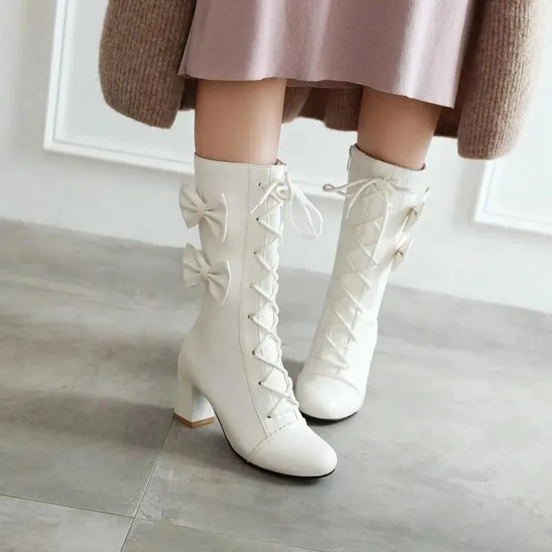 Uniwim Mid boots women's middle heel sweet lolita lolita student bow Martin boots plus cashmere keep warm women shoes cute bowknot