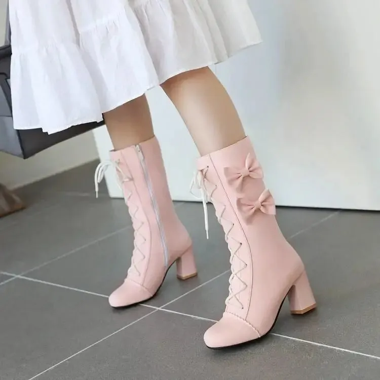 Uniwim Mid boots women's middle heel sweet lolita lolita student bow Martin boots plus cashmere keep warm women shoes cute bowknot