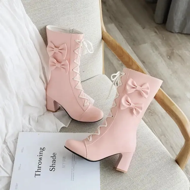 Uniwim Mid boots women's middle heel sweet lolita lolita student bow Martin boots plus cashmere keep warm women shoes cute bowknot