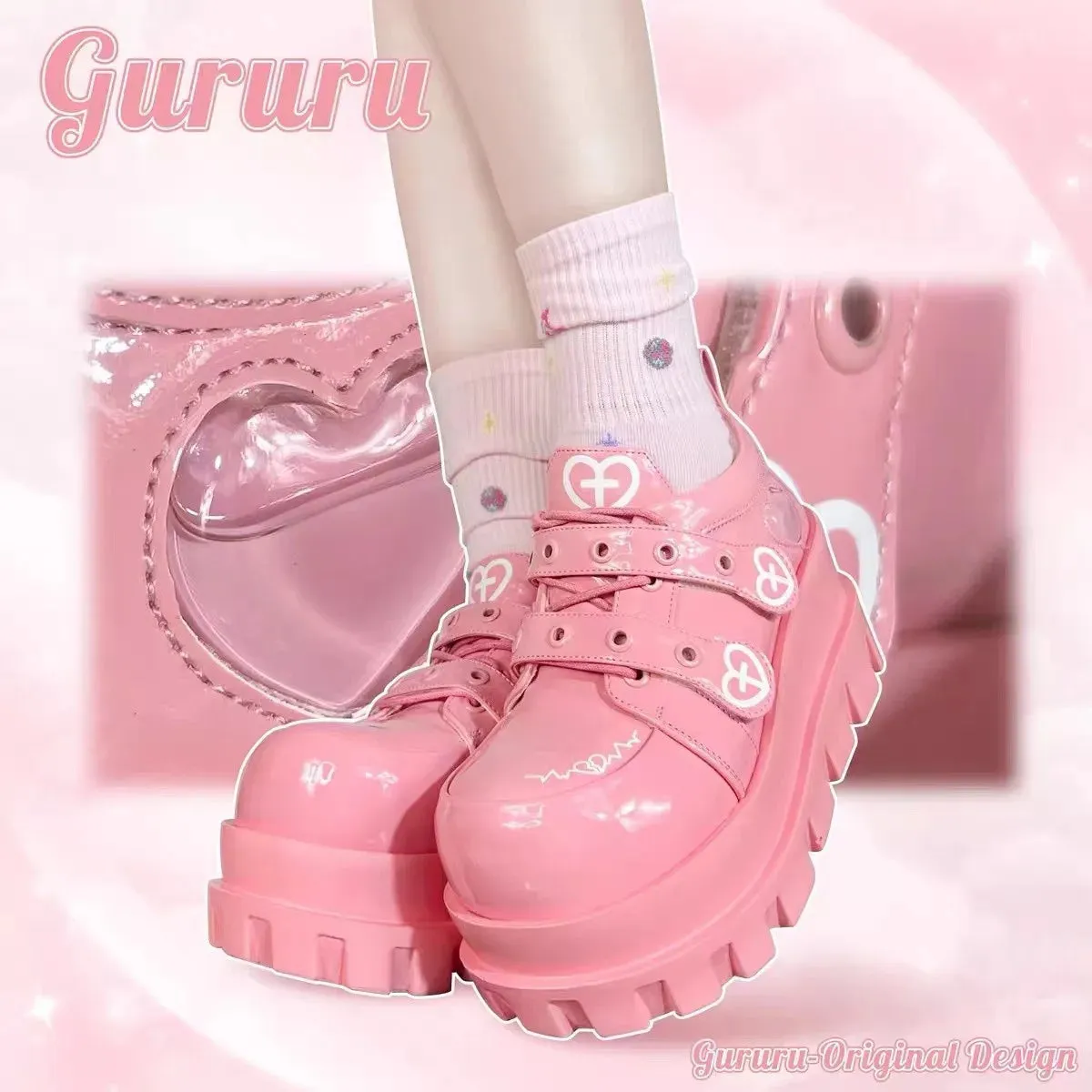 Uniwim Original Punk Love Cross Y2K Thick Sole Shoes Japanese Sweet Lolita Girl PU Single Shoe