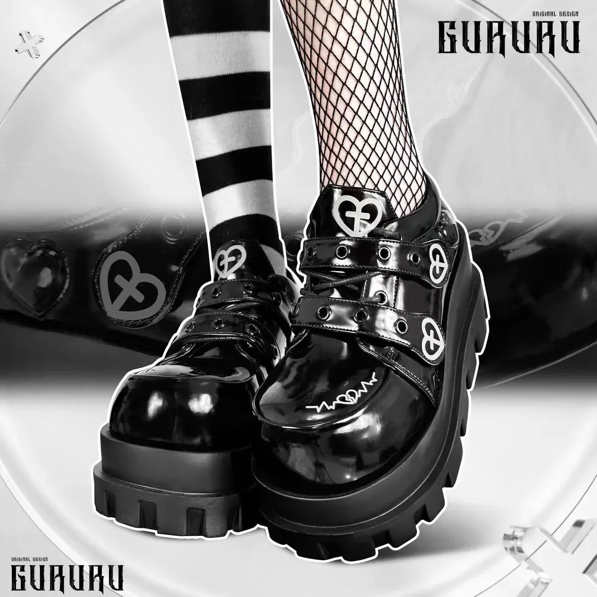 Uniwim Original Punk Love Cross Y2K Thick Sole Shoes Japanese Sweet Lolita Girl PU Single Shoe