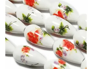 White & Red  Printed Oval Ceramic Beads