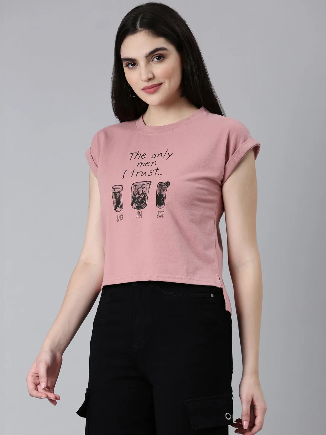 Women Peach Typographic Slim Fit Tshirt