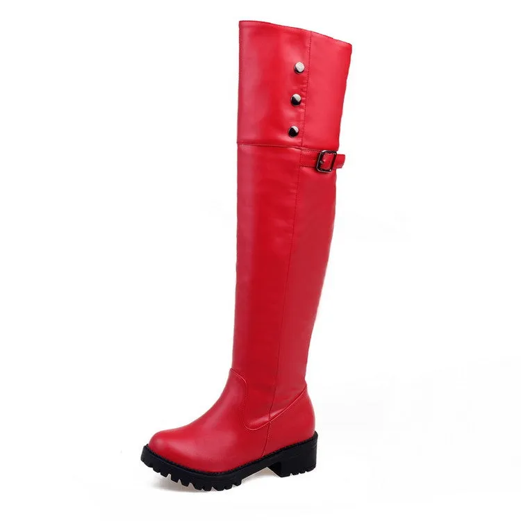 Women's Buckle Middle Heel Knee High Boots