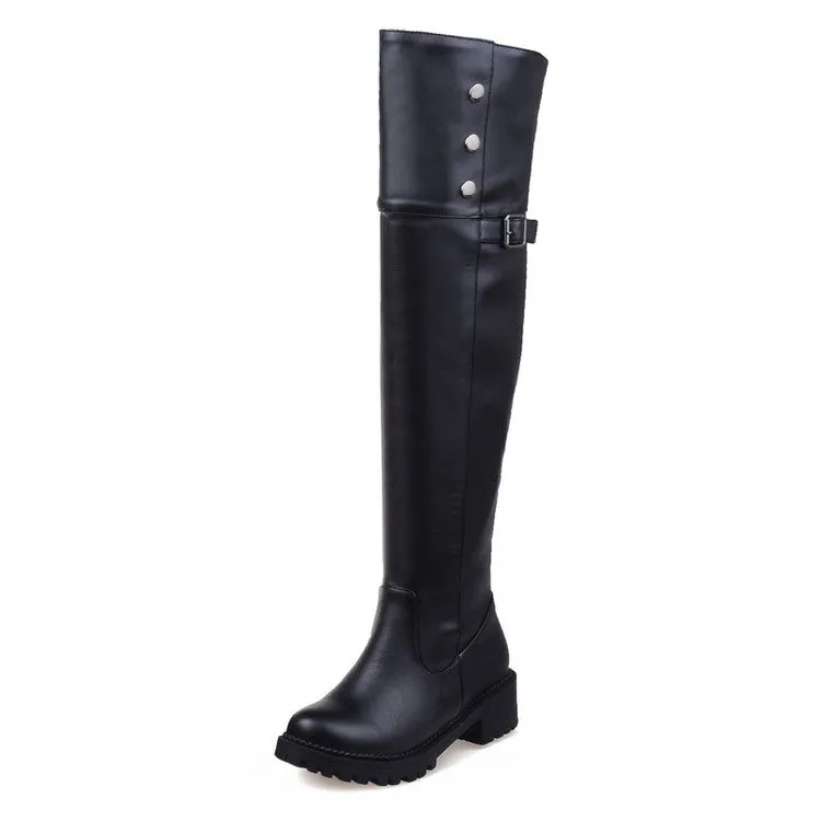 Women's Buckle Middle Heel Knee High Boots