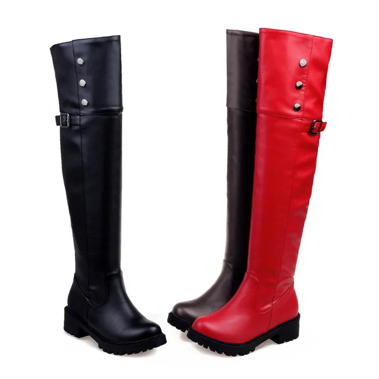 Women's Buckle Middle Heel Knee High Boots