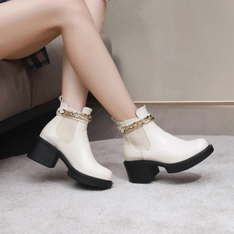 Women's Metal Chains Ankle Strap Stretch Block Heel Platform Short Boots