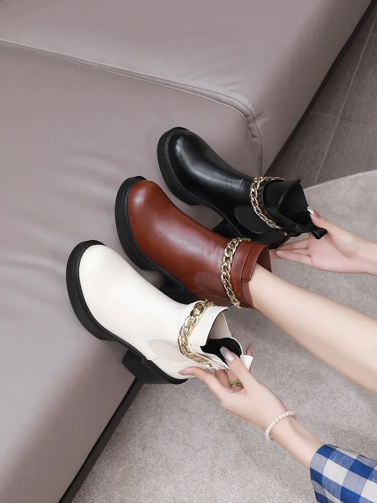 Women's Metal Chains Ankle Strap Stretch Block Heel Platform Short Boots